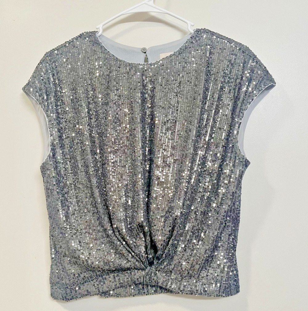 LOFT Women's Silver Crop Cap Sleeve Twist Front Sequin Top Front Size S